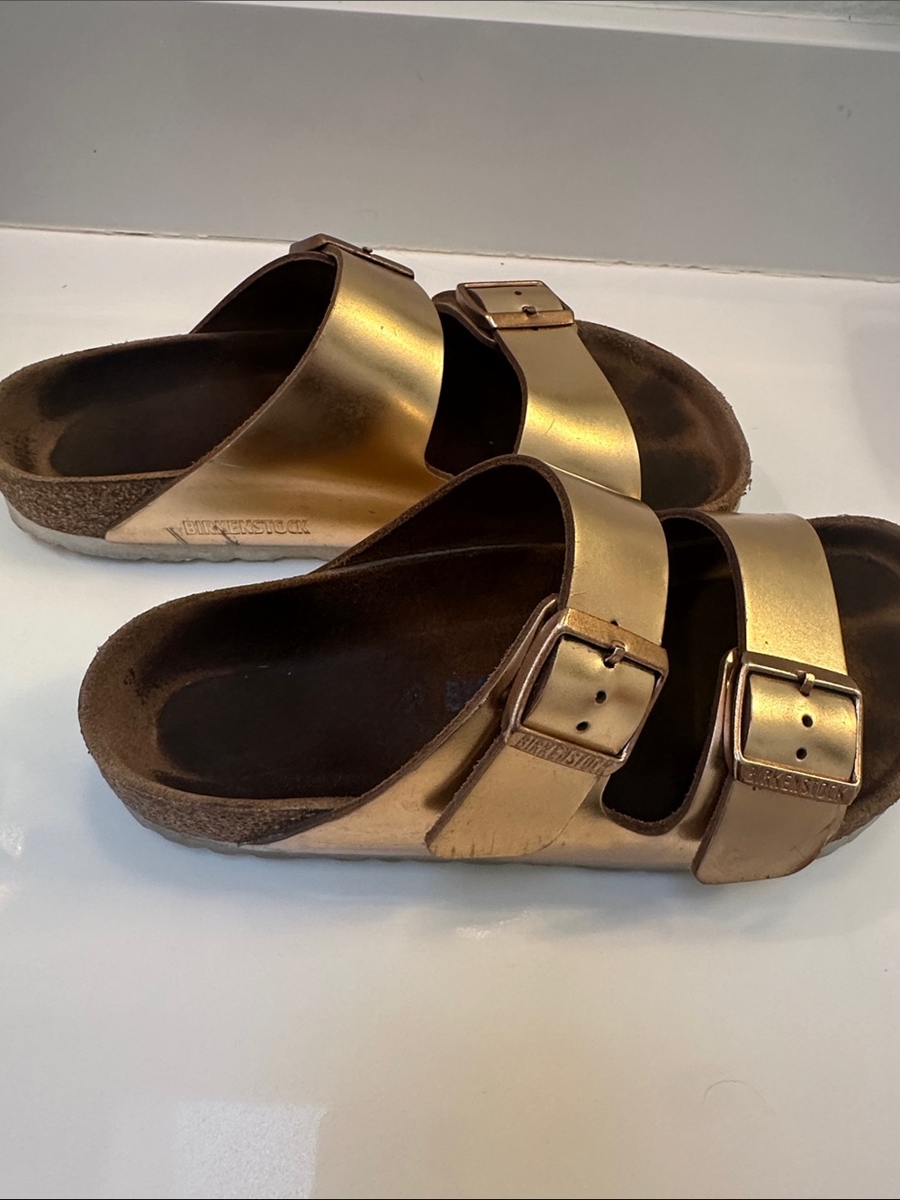 Metallic Gold Birkenstock Double-Buckle Slide Sandals - Picture 2 of 9